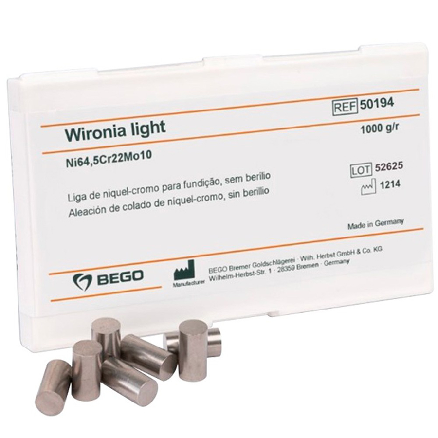 Aleación dental BEGO Wironia Ni-Cr sin berilio, material biocompatible y resistente para estructuras revestibles con cerámica.
