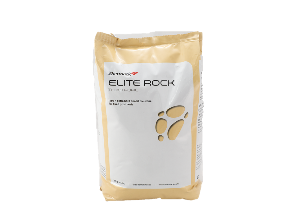 Yeso dental Elite Rock Sandy Brown de Zhermack con alta resistencia y estabilidad dimensional.