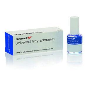 Adhesivo universal Zhermack para cubetas dentales, compatible con alginatos y siliconas.